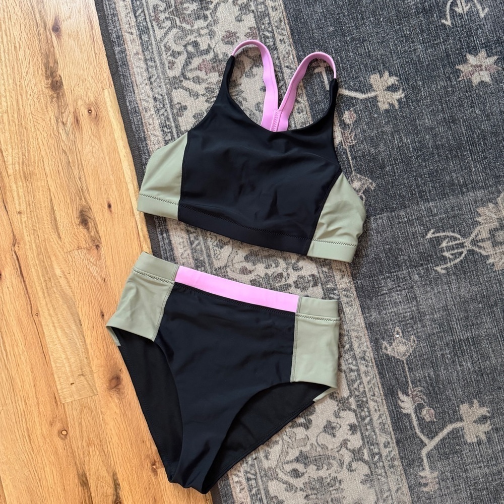Prana Baja Bound Two Piece Swimsuit Colorblock Black Green XSmall